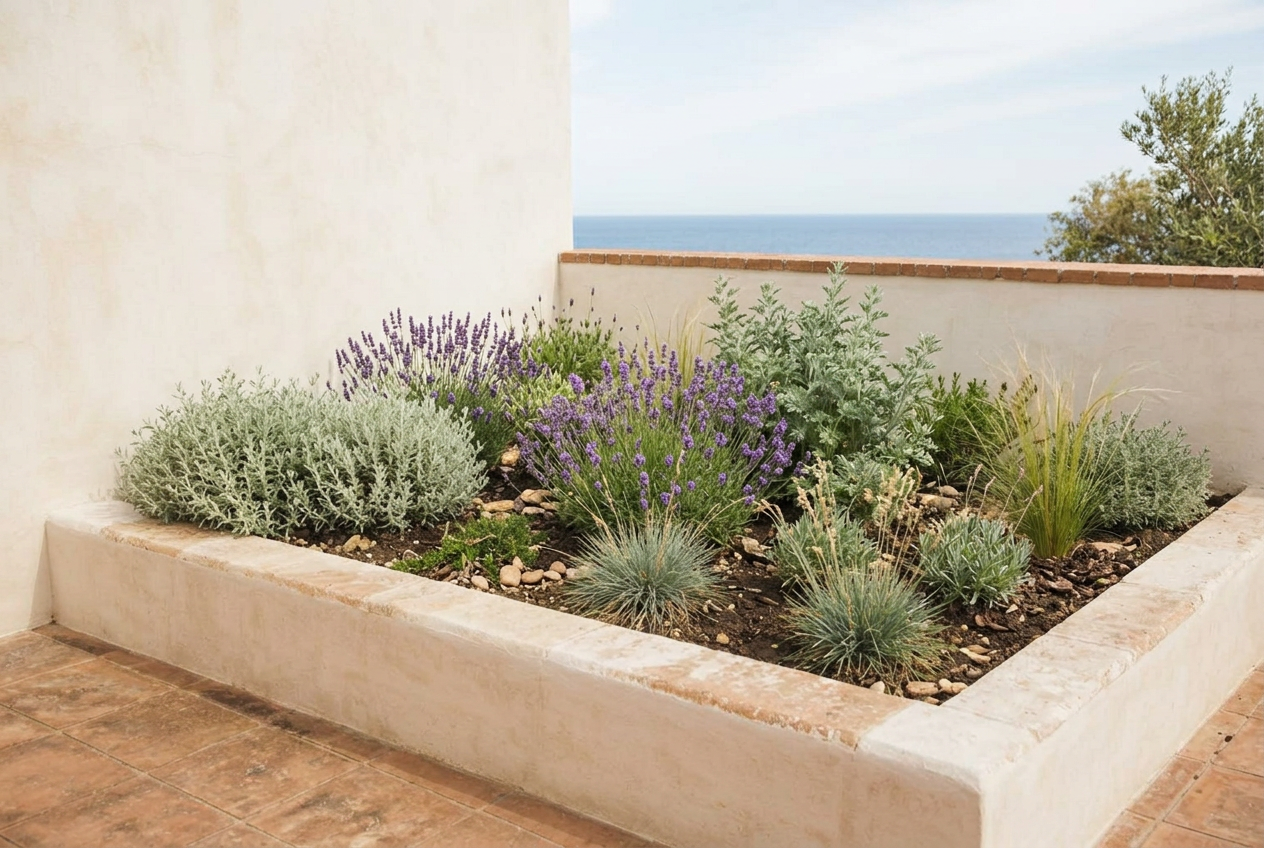 Lo stesso terrazzo con l'aiuola piantumata di perenni mediterranee argentate