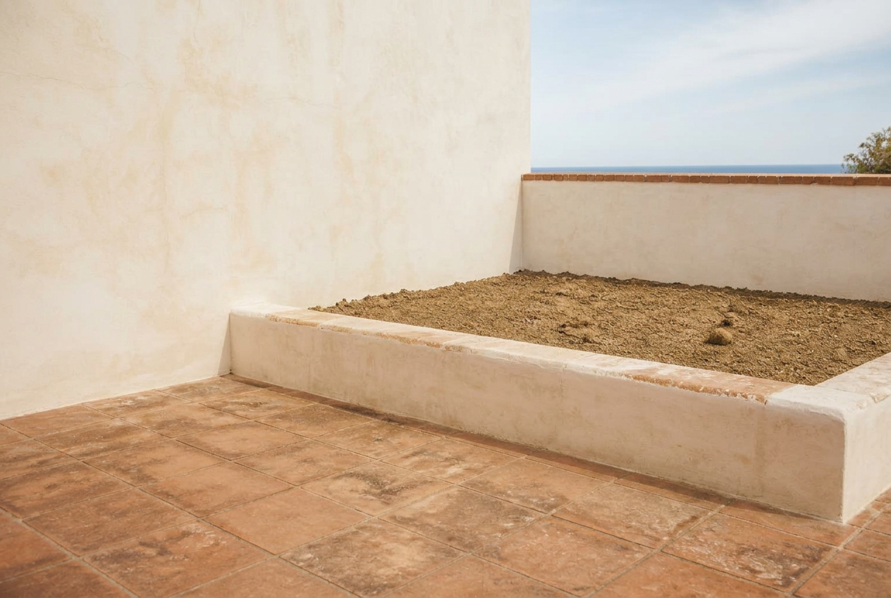 Angolo di terrazzo mediterraneo con aiuola rialzata di terra nuda